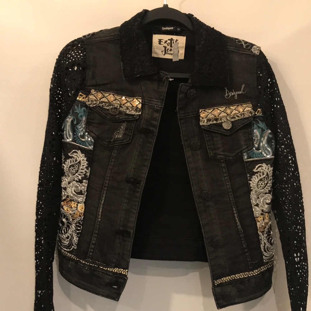 Desigual Black Jean Jacket with Silver, Gold, Bronze and Blue Accents NWT 34